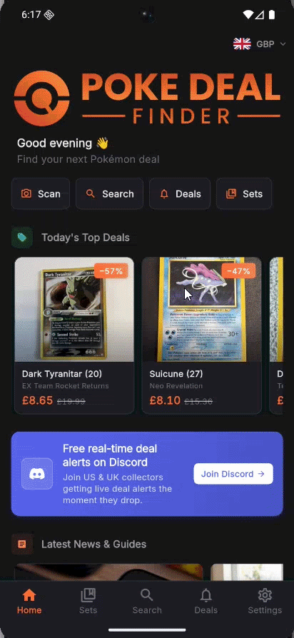 PokeDeal Finder App — live deal feed